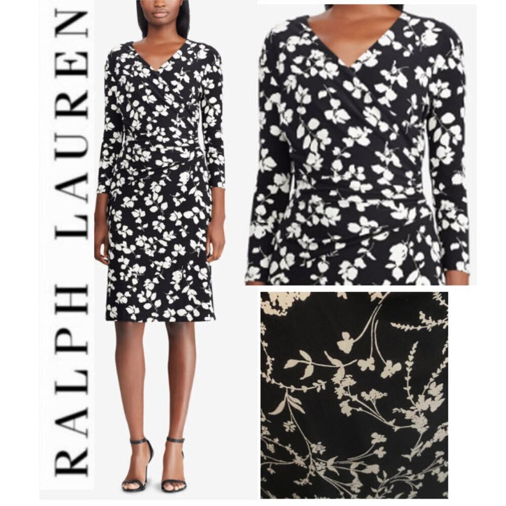 Ralph Lauren Wrap Dress Long Sleeve Black White Floral Chic Work Quiet Luxury